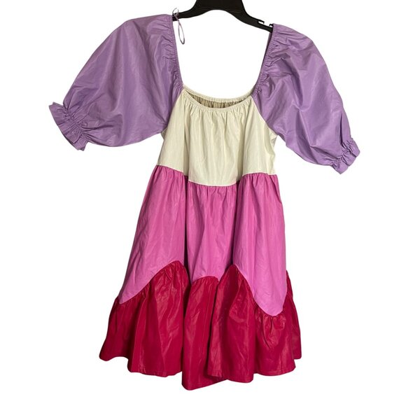 Fantastic Fawn Coated Color Block Babydoll Mini Dress Womens Medium Puff Sleeve - Picture 3 of 5